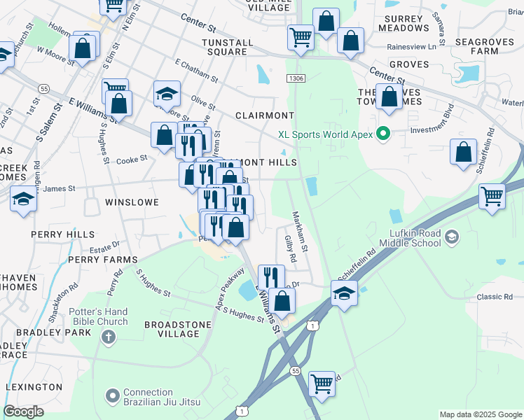 map of restaurants, bars, coffee shops, grocery stores, and more near 807 Trendy Lane in Apex