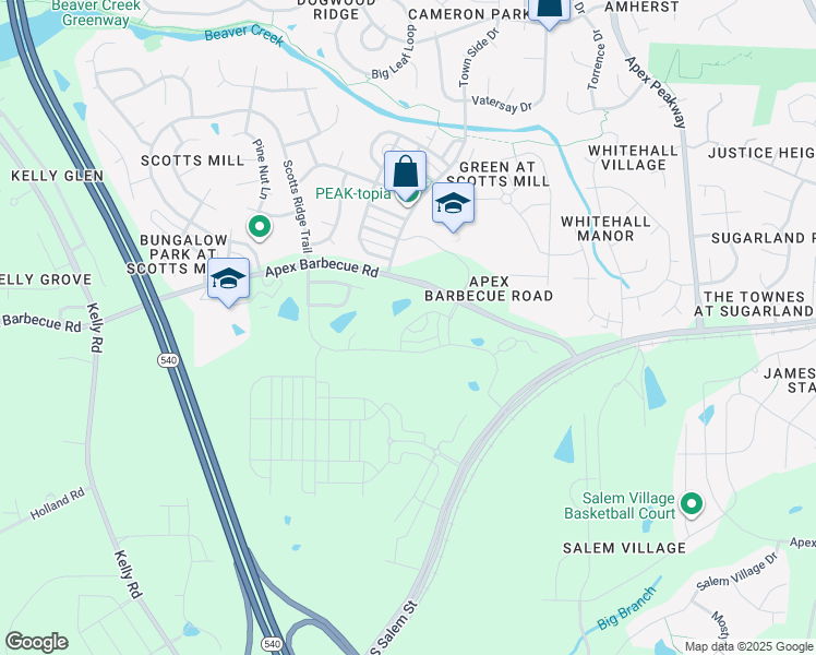 map of restaurants, bars, coffee shops, grocery stores, and more near 6401 Apex Barbecue Road in Apex