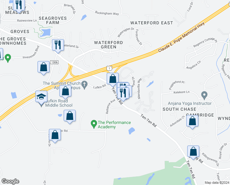 map of restaurants, bars, coffee shops, grocery stores, and more near 2021 Ten-Ten Road in Apex