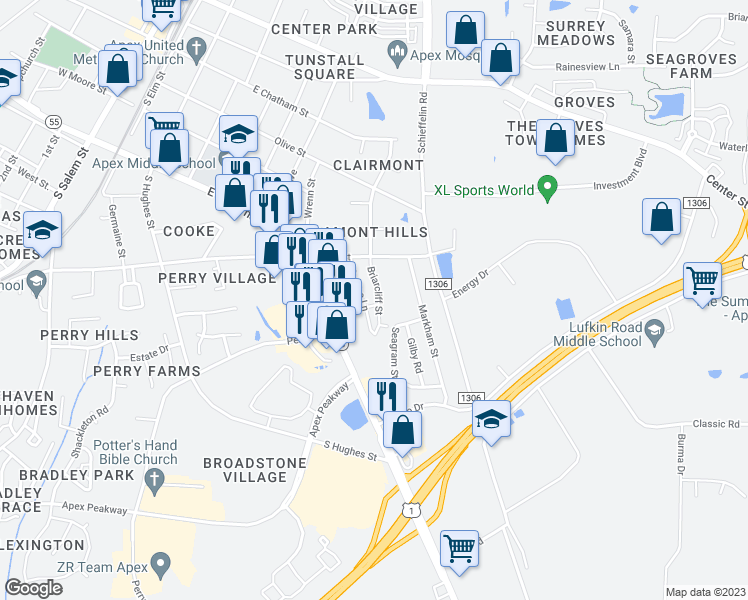 map of restaurants, bars, coffee shops, grocery stores, and more near 807 Trendy Lane in Apex