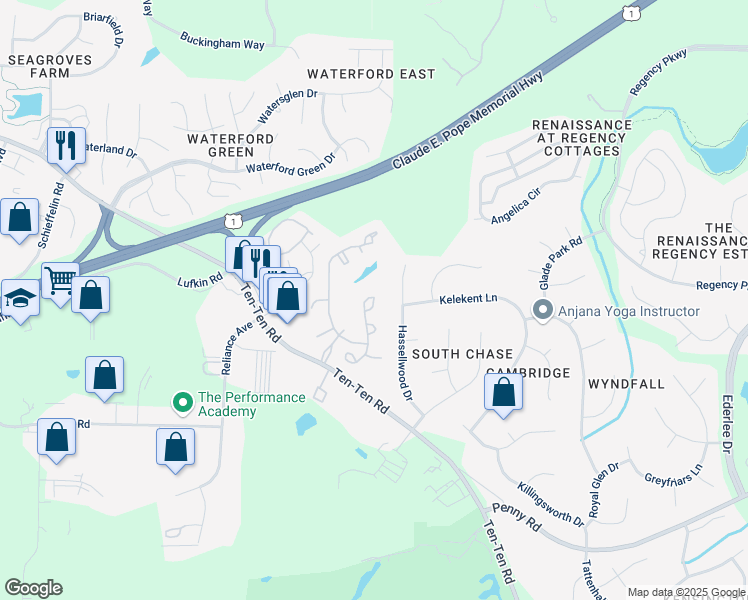 map of restaurants, bars, coffee shops, grocery stores, and more near 1624 Nasturtium Way in Apex