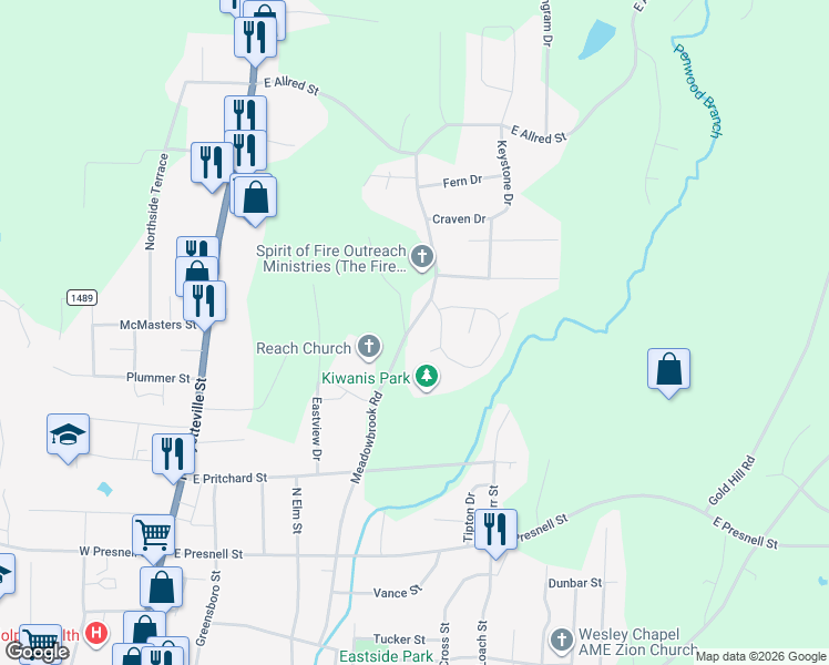 map of restaurants, bars, coffee shops, grocery stores, and more near 605 Brentwood Court in Asheboro