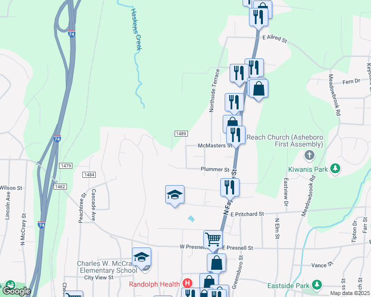 map of restaurants, bars, coffee shops, grocery stores, and more near 430 Englewood Drive in Asheboro