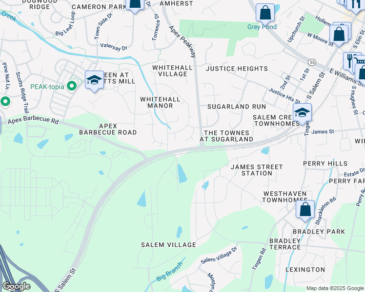 map of restaurants, bars, coffee shops, grocery stores, and more near 1111 Barrow Nook Court in Apex