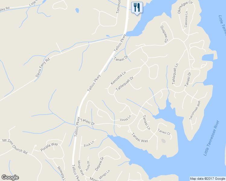 map of restaurants, bars, coffee shops, grocery stores, and more near 215 Tahlequah Drive in Loudon