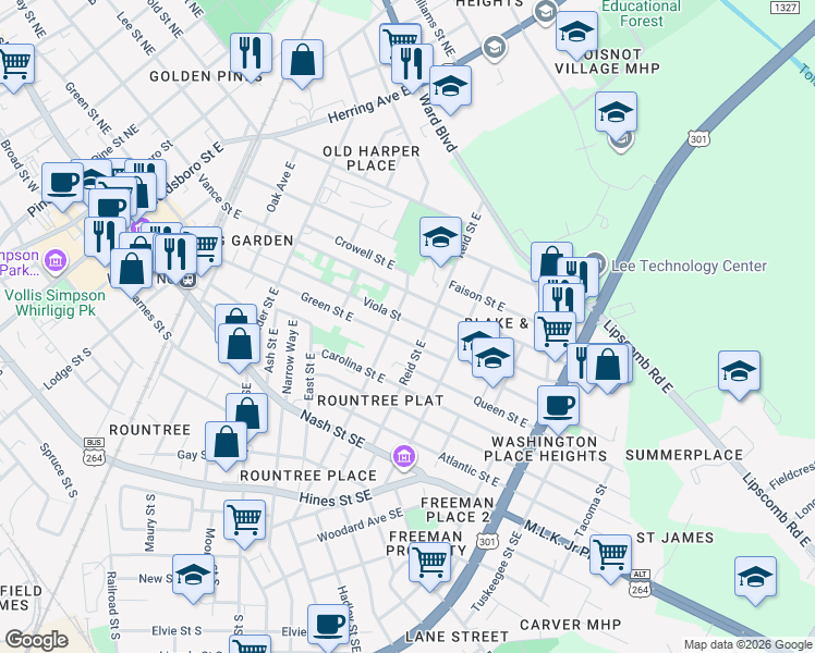 map of restaurants, bars, coffee shops, grocery stores, and more near 806 Green Street East in Wilson