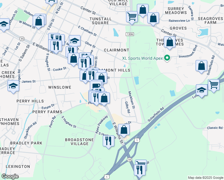 map of restaurants, bars, coffee shops, grocery stores, and more near Treviso Lane in Apex