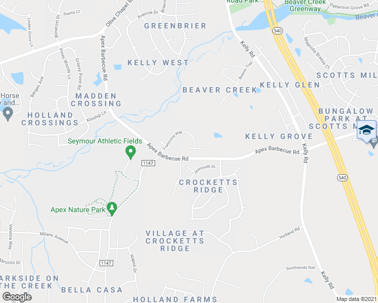 map of restaurants, bars, coffee shops, grocery stores, and more near 2387 Carradonna Way in Apex
