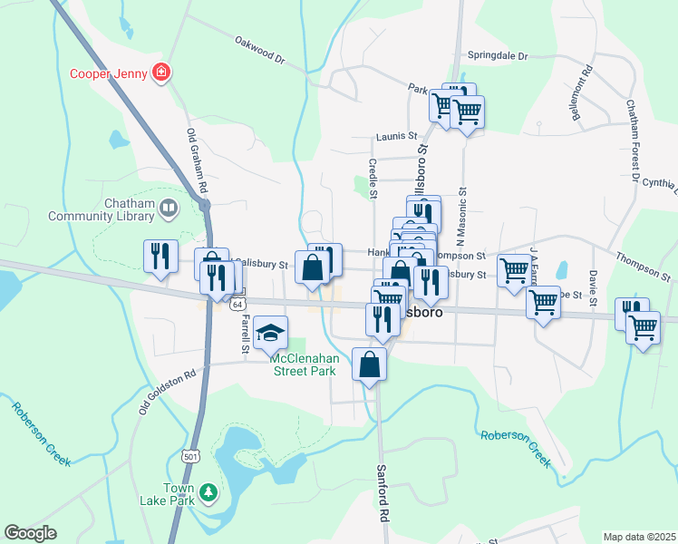 map of restaurants, bars, coffee shops, grocery stores, and more near 199 East Salisbury Street in Pittsboro