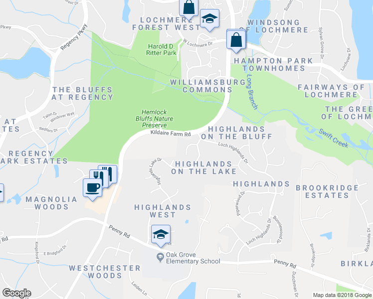 map of restaurants, bars, coffee shops, grocery stores, and more near 103 Scots Cove Lane in Cary