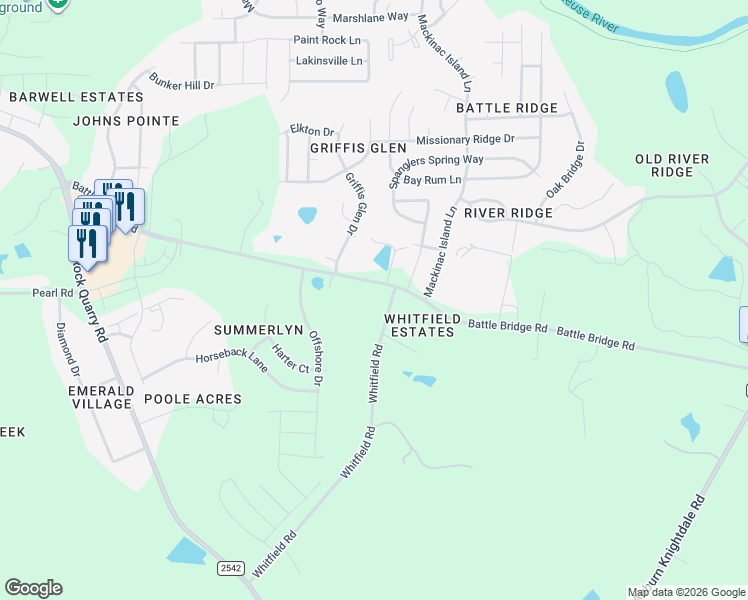 map of restaurants, bars, coffee shops, grocery stores, and more near 6916 Battle Bridge Road in Raleigh