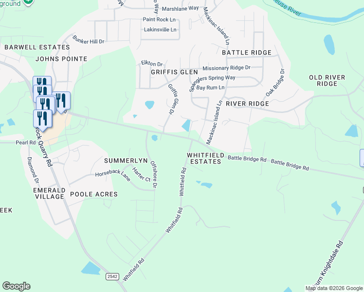 map of restaurants, bars, coffee shops, grocery stores, and more near 6916 Battle Bridge Road in Raleigh