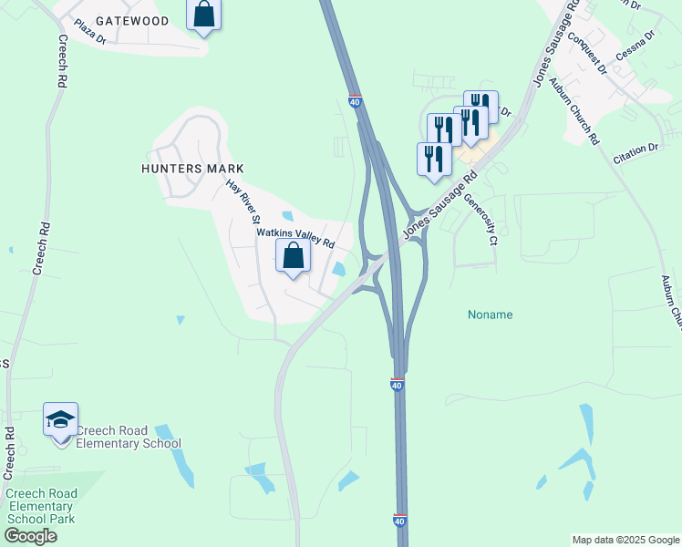 map of restaurants, bars, coffee shops, grocery stores, and more near 4510 Jones Sausage Road in Garner