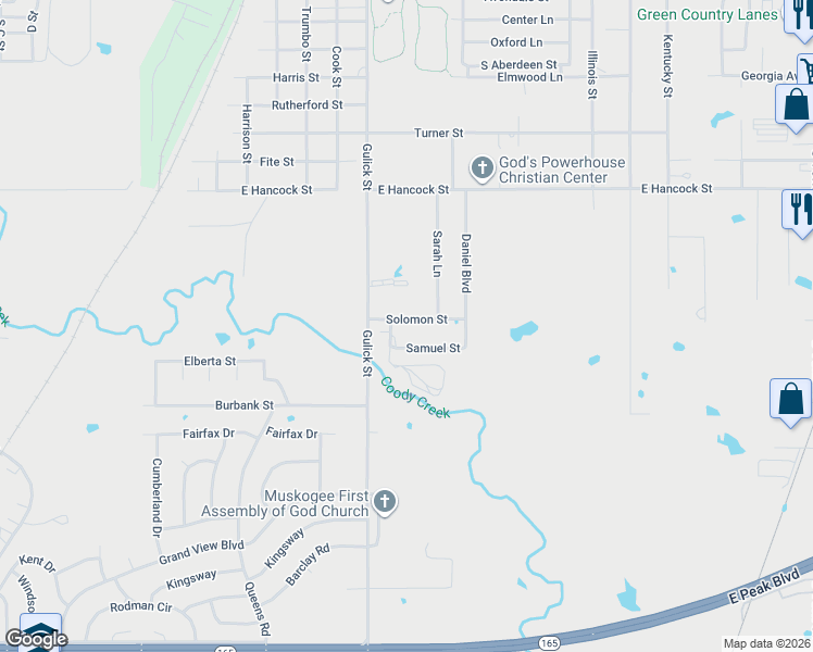 map of restaurants, bars, coffee shops, grocery stores, and more near 1314 Samuel Drive in Muskogee