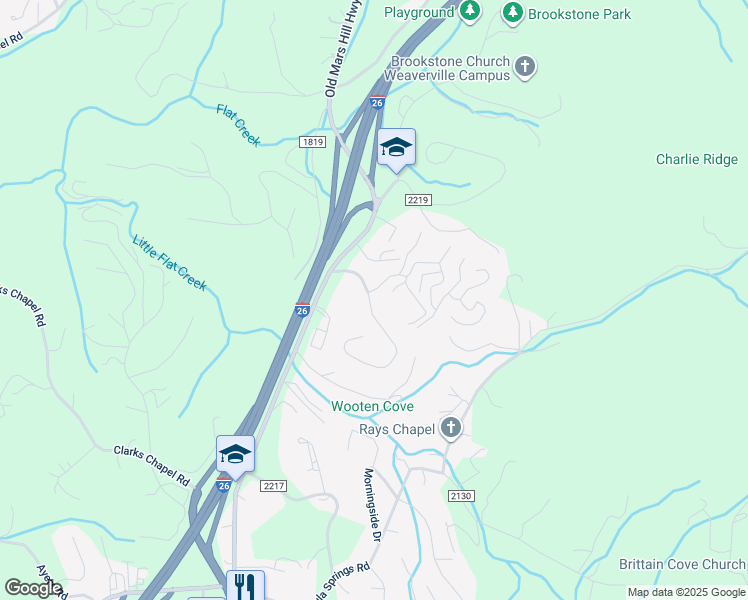 map of restaurants, bars, coffee shops, grocery stores, and more near 101 Starview Knoll in Weaverville