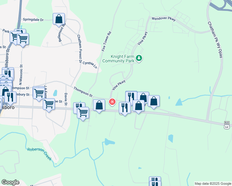 map of restaurants, bars, coffee shops, grocery stores, and more near 43 Juleann in Pittsboro