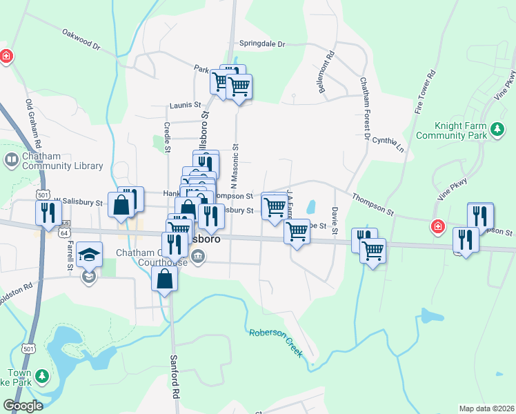 map of restaurants, bars, coffee shops, grocery stores, and more near 199 East Salisbury Street in Pittsboro