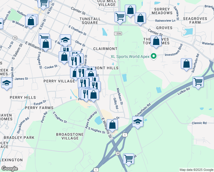 map of restaurants, bars, coffee shops, grocery stores, and more near 643 Briarcliff Street in Apex