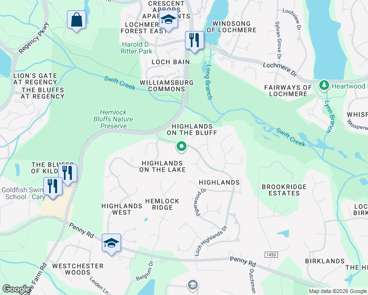 map of restaurants, bars, coffee shops, grocery stores, and more near 120 North Fern Abbey Lane in Cary