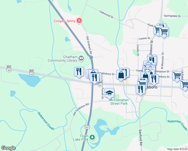 map of restaurants, bars, coffee shops, grocery stores, and more near 136 North Carolina 87 in Pittsboro
