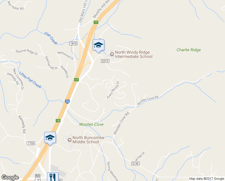map of restaurants, bars, coffee shops, grocery stores, and more near 22 Avery Nicole Drive in Weaverville