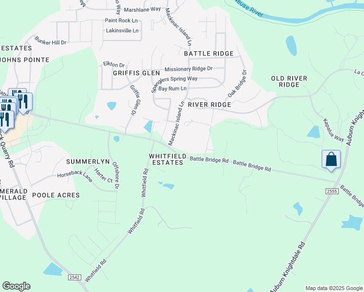map of restaurants, bars, coffee shops, grocery stores, and more near 7105 Battle Bridge Road in Raleigh