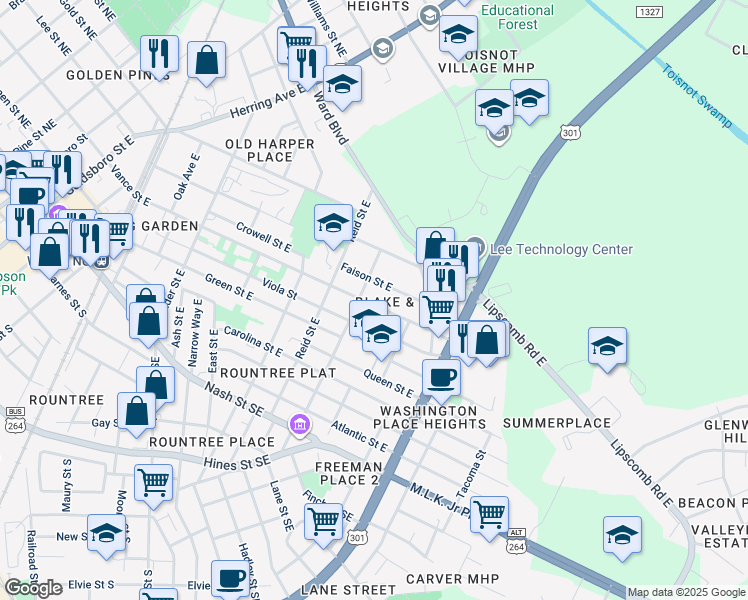 map of restaurants, bars, coffee shops, grocery stores, and more near 1000 Faison Street East in Wilson