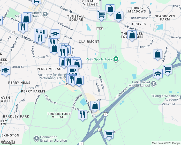 map of restaurants, bars, coffee shops, grocery stores, and more near 916 James Street in Apex