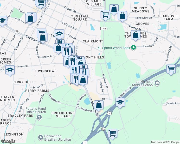map of restaurants, bars, coffee shops, grocery stores, and more near 741 Treviso Lane in Apex