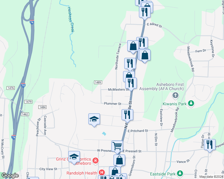 map of restaurants, bars, coffee shops, grocery stores, and more near McMasters Street in Asheboro