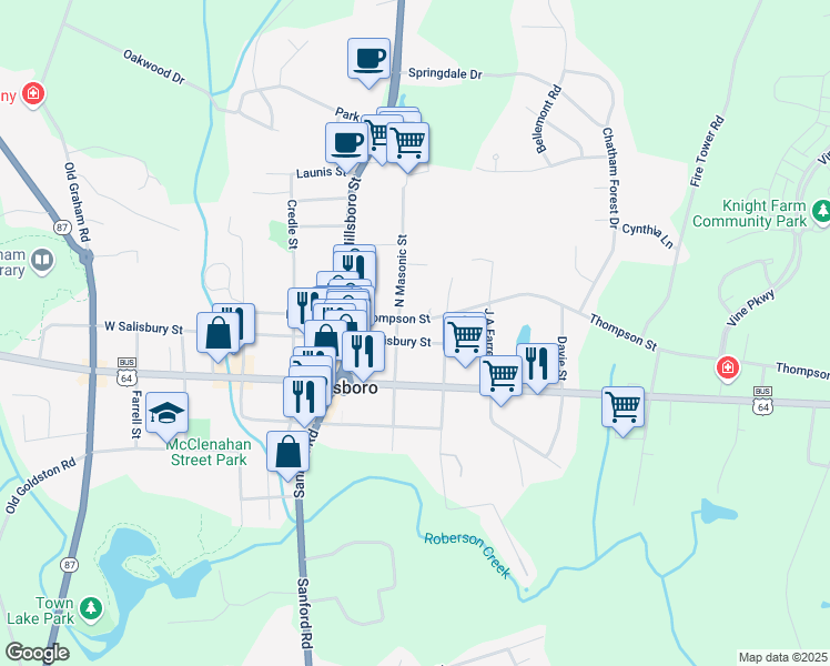 map of restaurants, bars, coffee shops, grocery stores, and more near 145 East Salisbury Street in Pittsboro