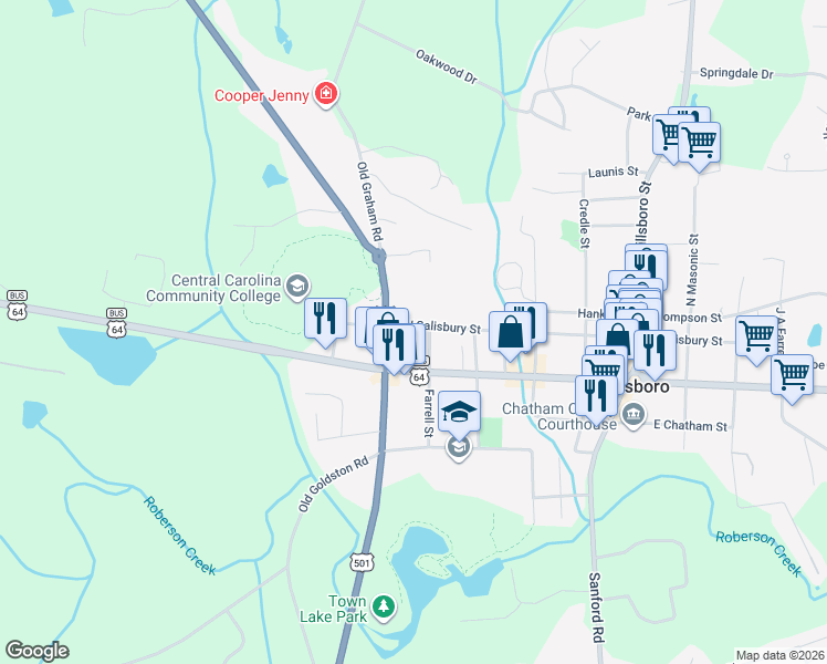 map of restaurants, bars, coffee shops, grocery stores, and more near 136 North Carolina 87 in Pittsboro