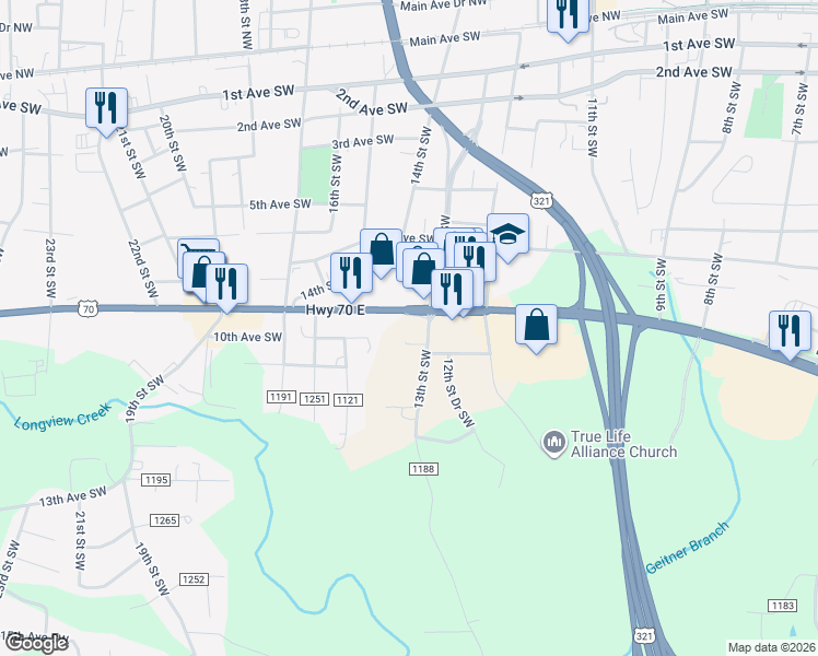 map of restaurants, bars, coffee shops, grocery stores, and more near 1300-1598 U.S. 70 in Hickory