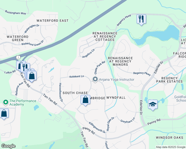 map of restaurants, bars, coffee shops, grocery stores, and more near 105 Glade Park Road in Cary
