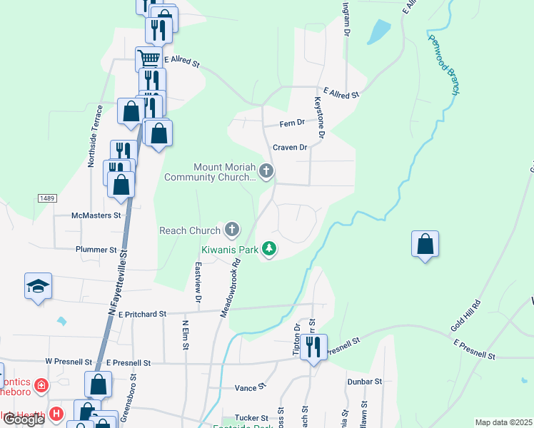 map of restaurants, bars, coffee shops, grocery stores, and more near 934 Meadowbrook Road in Asheboro
