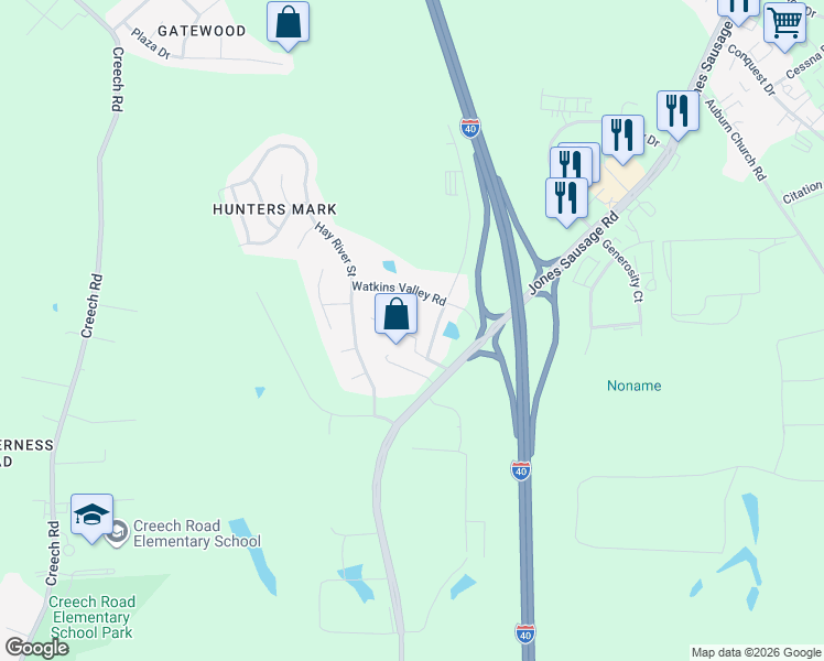 map of restaurants, bars, coffee shops, grocery stores, and more near 4500 Watkins Valley Road in Garner
