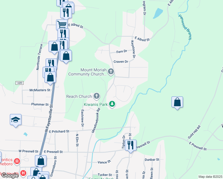 map of restaurants, bars, coffee shops, grocery stores, and more near 934 Meadowbrook Road in Asheboro