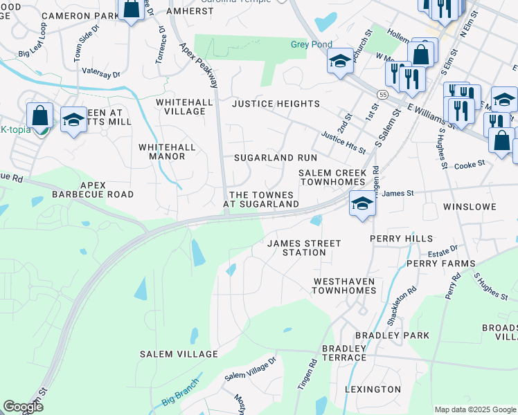 map of restaurants, bars, coffee shops, grocery stores, and more near 136 Licorice Drive in Apex