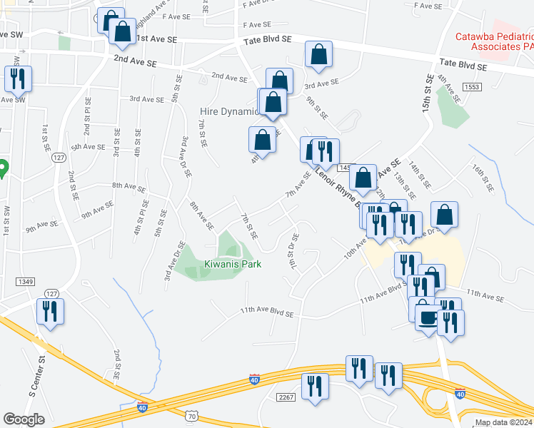 map of restaurants, bars, coffee shops, grocery stores, and more near 722 7th Avenue Southeast in Hickory
