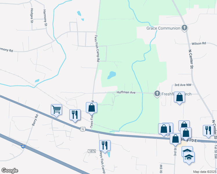 map of restaurants, bars, coffee shops, grocery stores, and more near 8437 Huffman Avenue in Connelly Springs