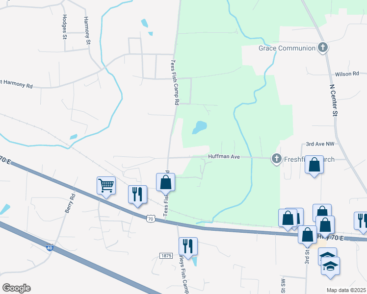 map of restaurants, bars, coffee shops, grocery stores, and more near 8437 Huffman Avenue in Connelly Springs