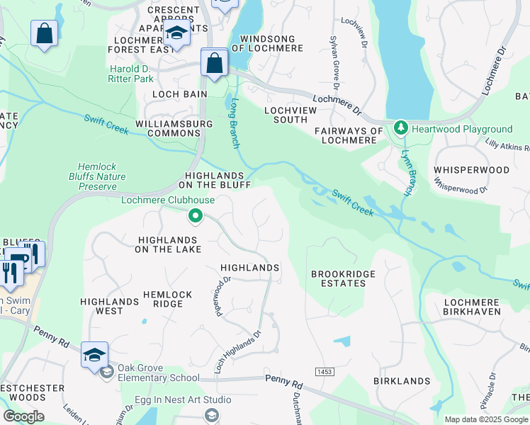 map of restaurants, bars, coffee shops, grocery stores, and more near 105 Scots Fir Lane in Cary