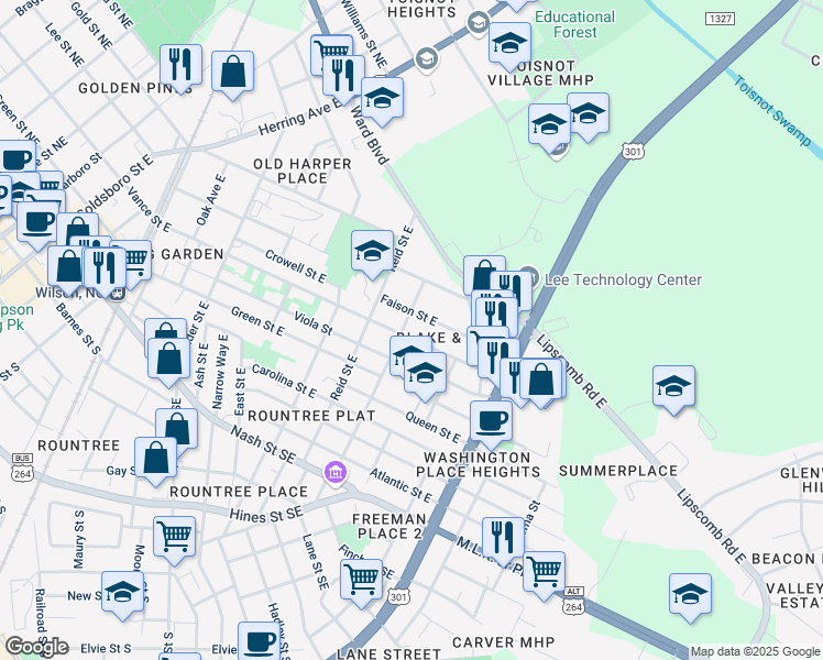 map of restaurants, bars, coffee shops, grocery stores, and more near 1000 Faison Street East in Wilson