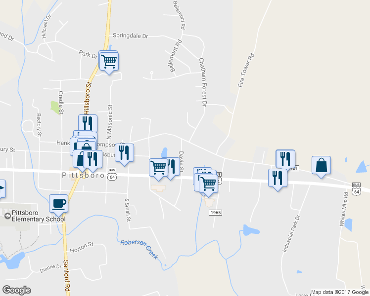 map of restaurants, bars, coffee shops, grocery stores, and more near 150 Davie Street in Pittsboro