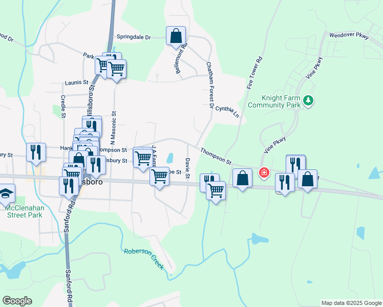 map of restaurants, bars, coffee shops, grocery stores, and more near 150 Davie Street in Pittsboro