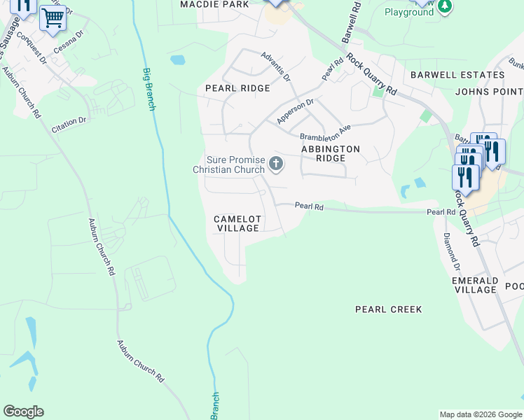 map of restaurants, bars, coffee shops, grocery stores, and more near 4772 Queen Pierrette Street in Raleigh