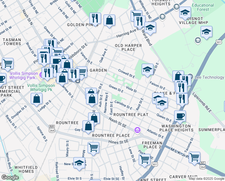 map of restaurants, bars, coffee shops, grocery stores, and more near 619 Green St E in Wilson