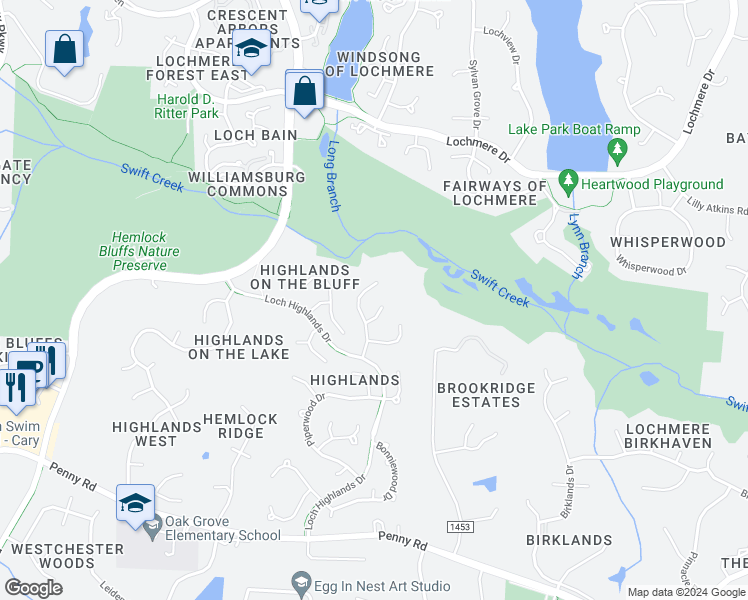 map of restaurants, bars, coffee shops, grocery stores, and more near 105 Scots Fir Lane in Cary