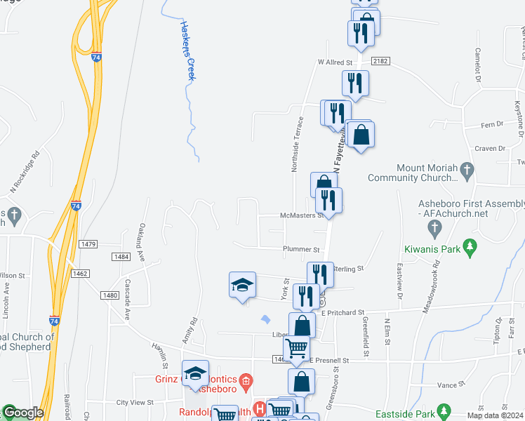 map of restaurants, bars, coffee shops, grocery stores, and more near 381 Englewood Drive in Asheboro