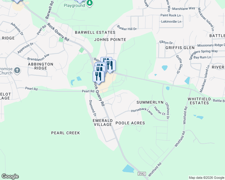 map of restaurants, bars, coffee shops, grocery stores, and more near 6420 Granite Quarry Drive in Raleigh